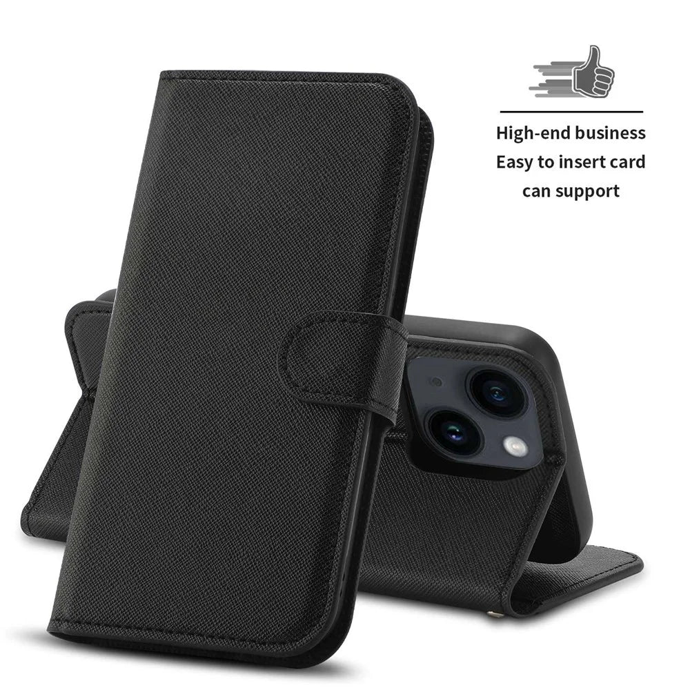 For iPhone 14 Cross Texture Wallet Stand Leather Protective Cover Detachable TPU Back Case - Black - 3