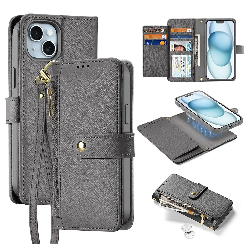 DUX DUCIS For iPhone 15 Plus Case Lawa Series Detachable Magnetic Cowhide Leather Cover Zipper Wallet - Grey - 1