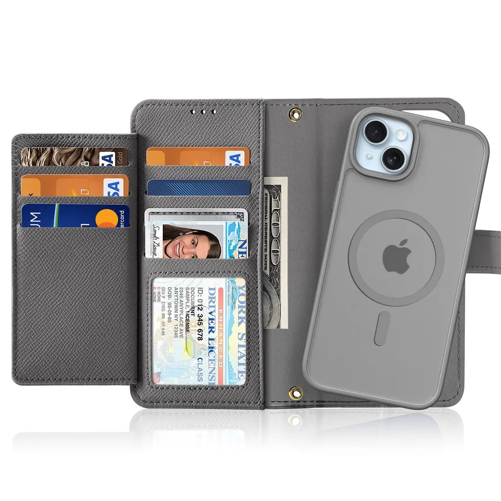 DUX DUCIS For iPhone 15 Plus Case Lawa Series Detachable Magnetic Cowhide Leather Cover Zipper Wallet - Grey - 2