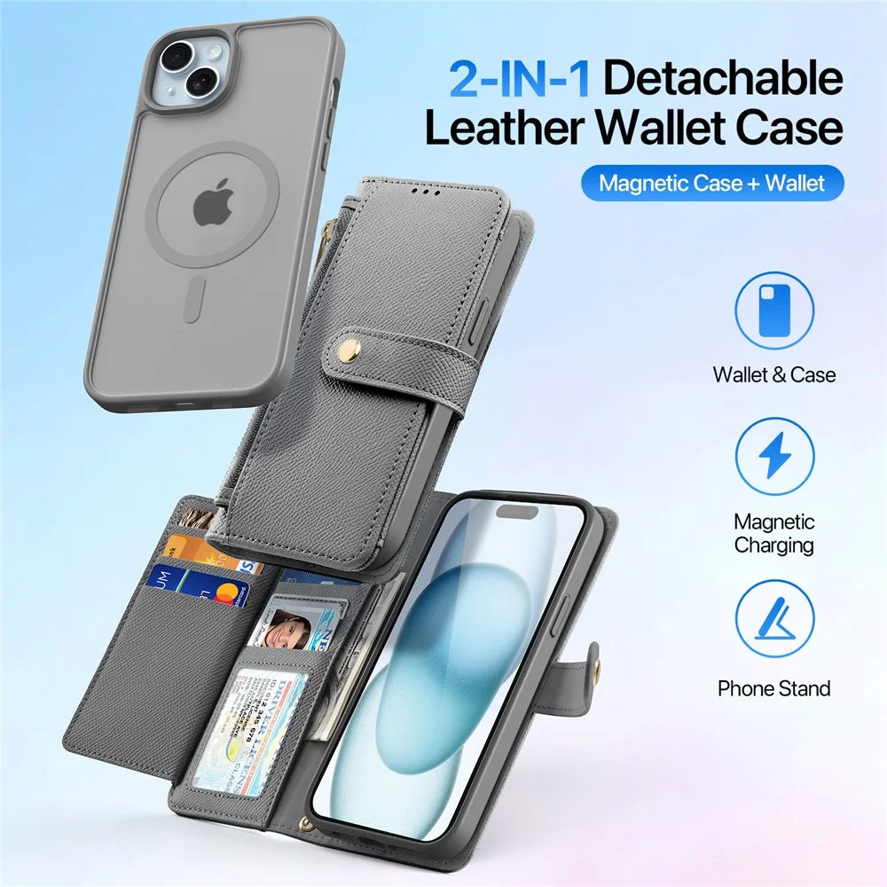 DUX DUCIS For iPhone 15 Plus Case Lawa Series Detachable Magnetic Cowhide Leather Cover Zipper Wallet - Grey - 3