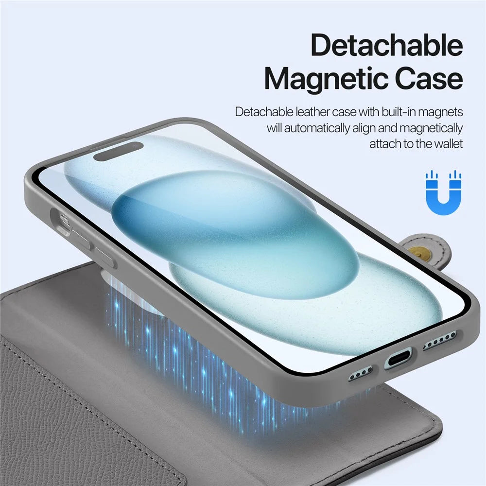 DUX DUCIS For iPhone 15 Plus Case Lawa Series Detachable Magnetic Cowhide Leather Cover Zipper Wallet - Grey - 5