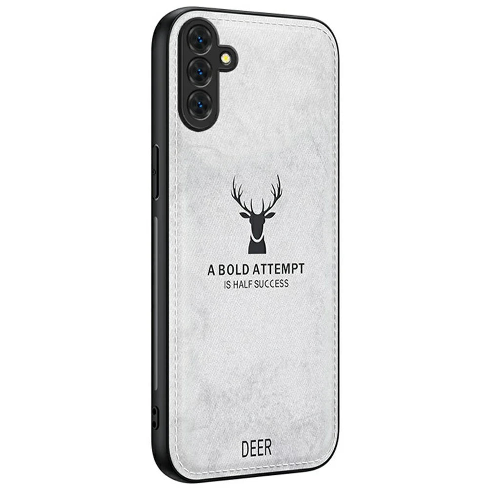 For Samsung Galaxy S25 Case Deer Pattern Cloth Texture PU Leather Hybrid Phone Cover - Grey - 1