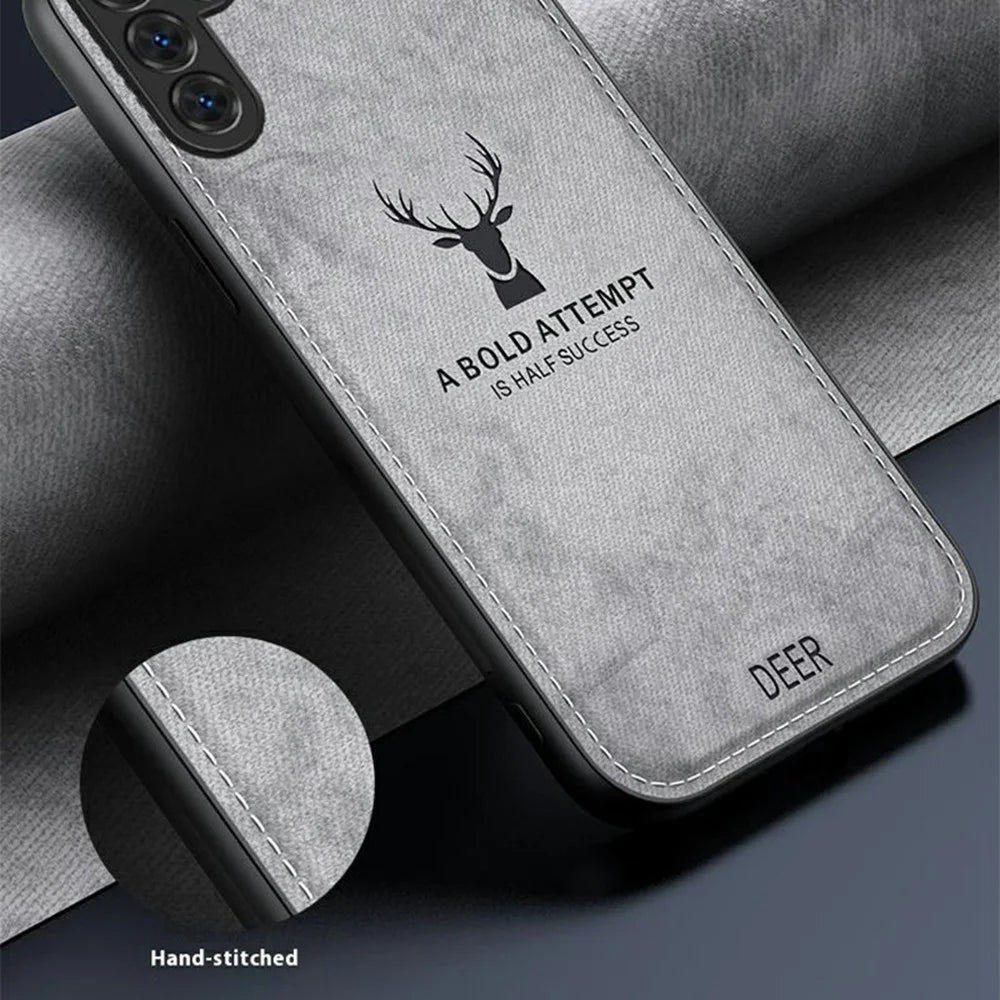 For Samsung Galaxy S25 Case Deer Pattern Cloth Texture PU Leather Hybrid Phone Cover - Grey - 2