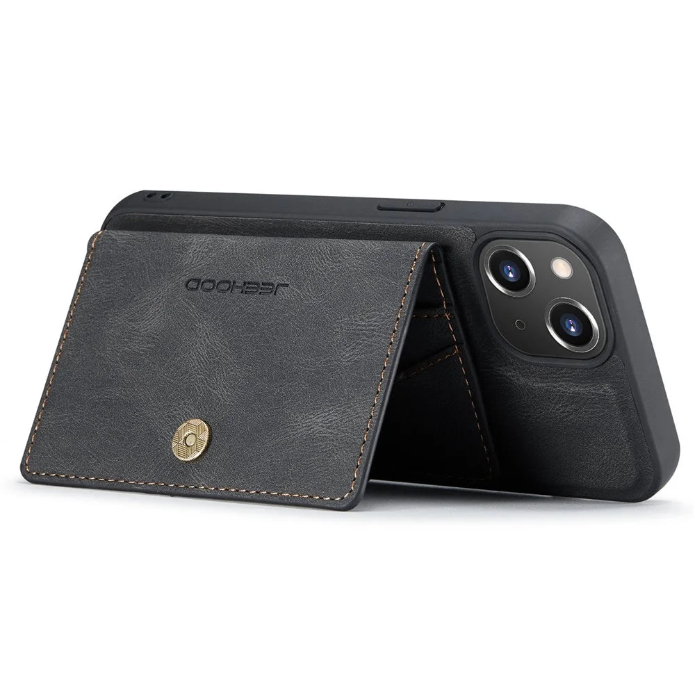 JEEHOOD For iPhone 14 Detachable 2-in-1 Leather Coated TPU Phone Case with Wallet Kickstand - Black - 3