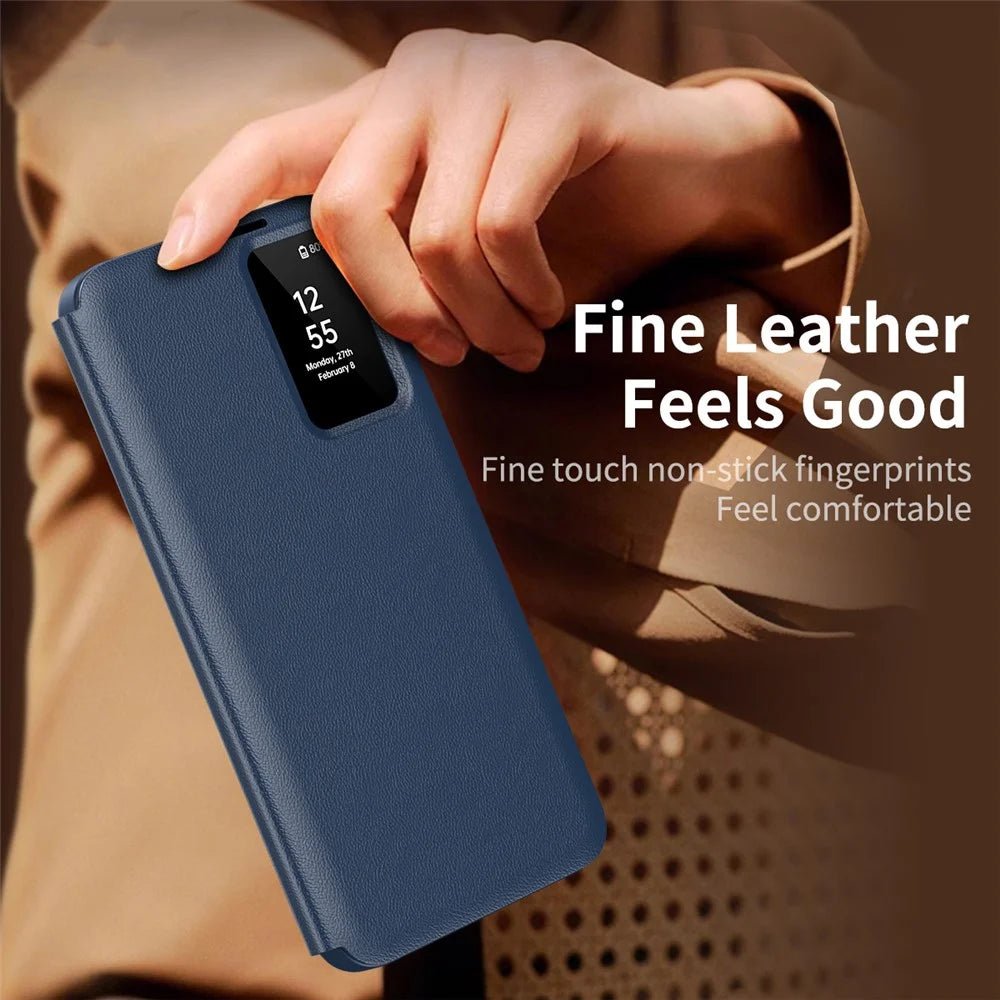 For Samsung Galaxy S25+ Case with Card Holder Smart View Window PU Leather+PC+TPU Phone Cover - Sapphire - 5