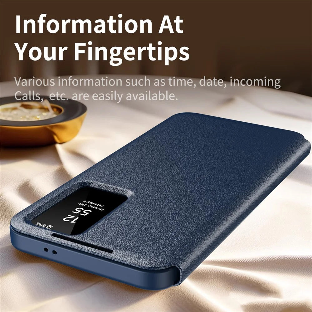 For Samsung Galaxy S25+ Case with Card Holder Smart View Window PU Leather+PC+TPU Phone Cover - Sapphire - 6