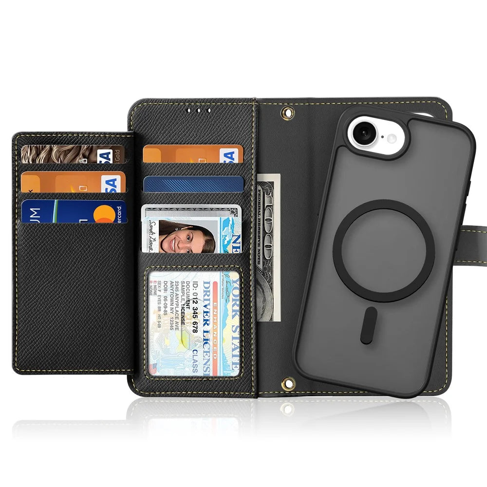DUX DUCIS Lawa Series For iPhone 17e / 16e Case Detachable Magnetic Cowhide Leather Cover Zipper Wallet - Black - 2