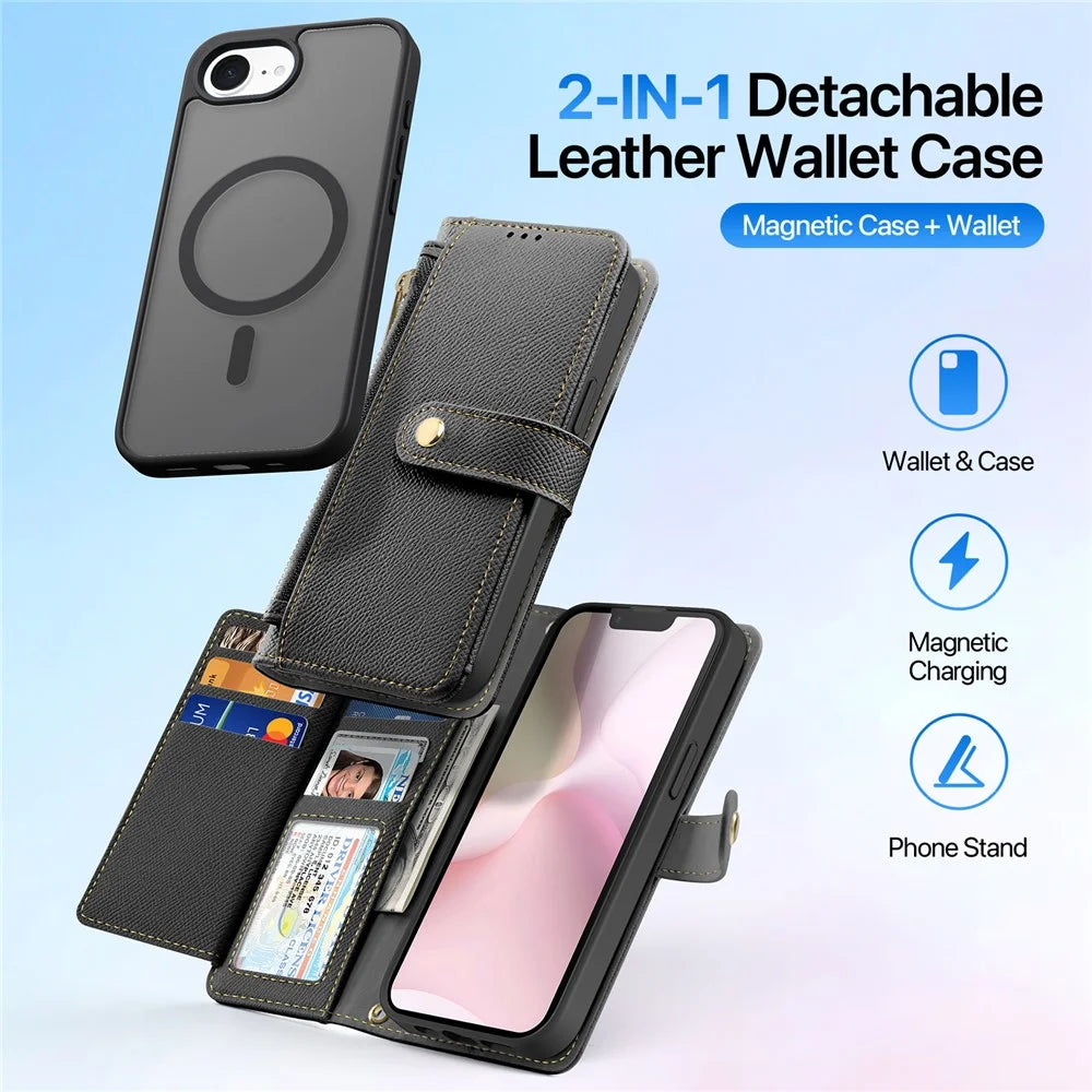 DUX DUCIS Lawa Series For iPhone 17e / 16e Case Detachable Magnetic Cowhide Leather Cover Zipper Wallet - Black - 3