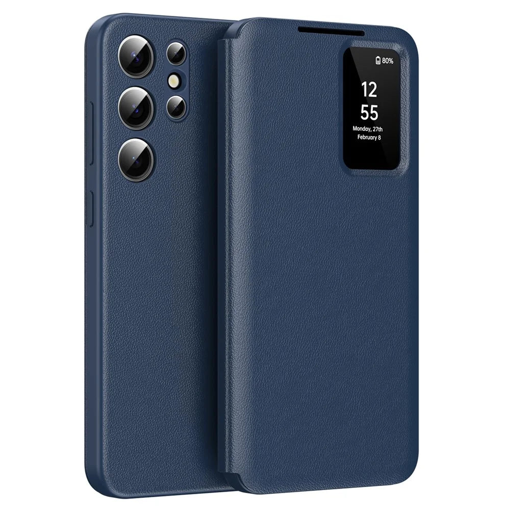 For Samsung Galaxy S23 Ultra Case with Card Holder Smart View Window PU Leather+PC+TPU Phone Cover - Sapphire - 1