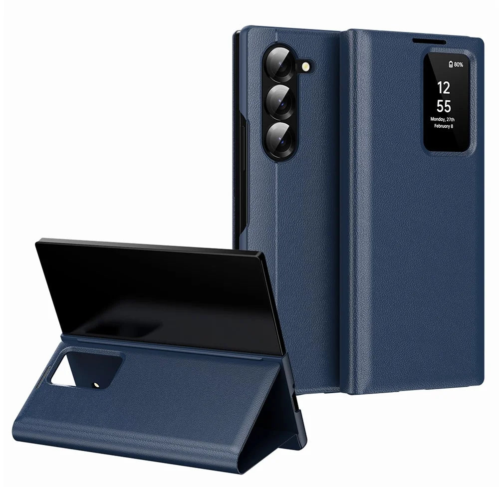 For Samsung Galaxy Z Fold6 5G Case with Card Holder Smart View Window Leather Phone Cover - Sapphire - 1