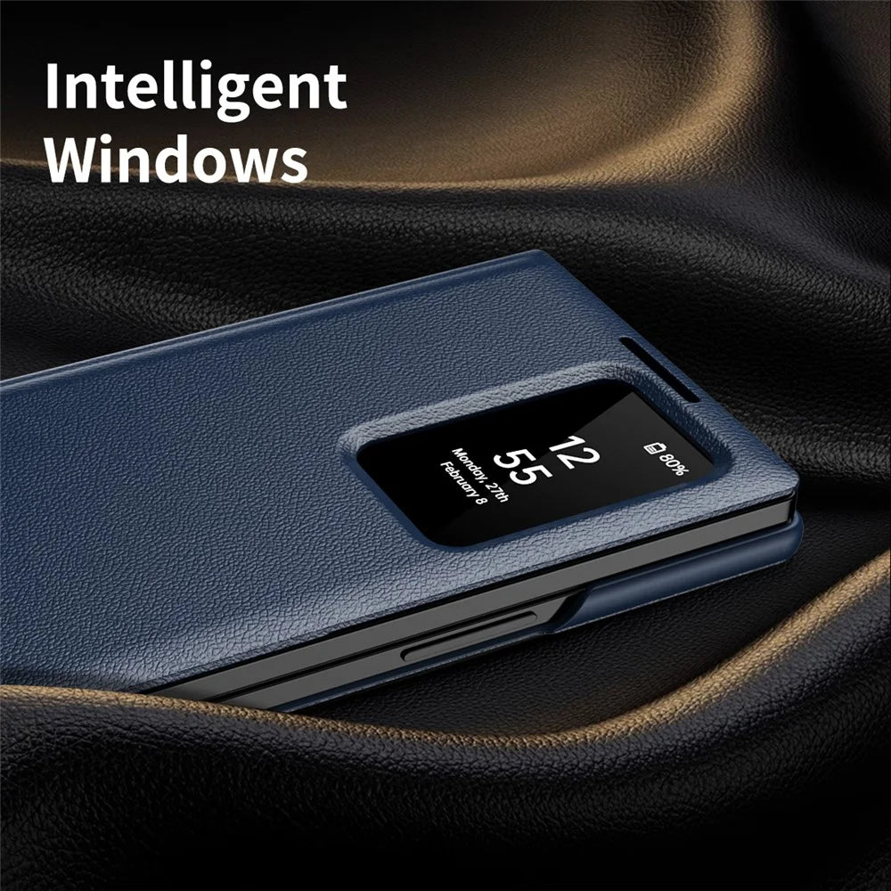 For Samsung Galaxy Z Fold6 5G Case with Card Holder Smart View Window Leather Phone Cover - Sapphire - 5