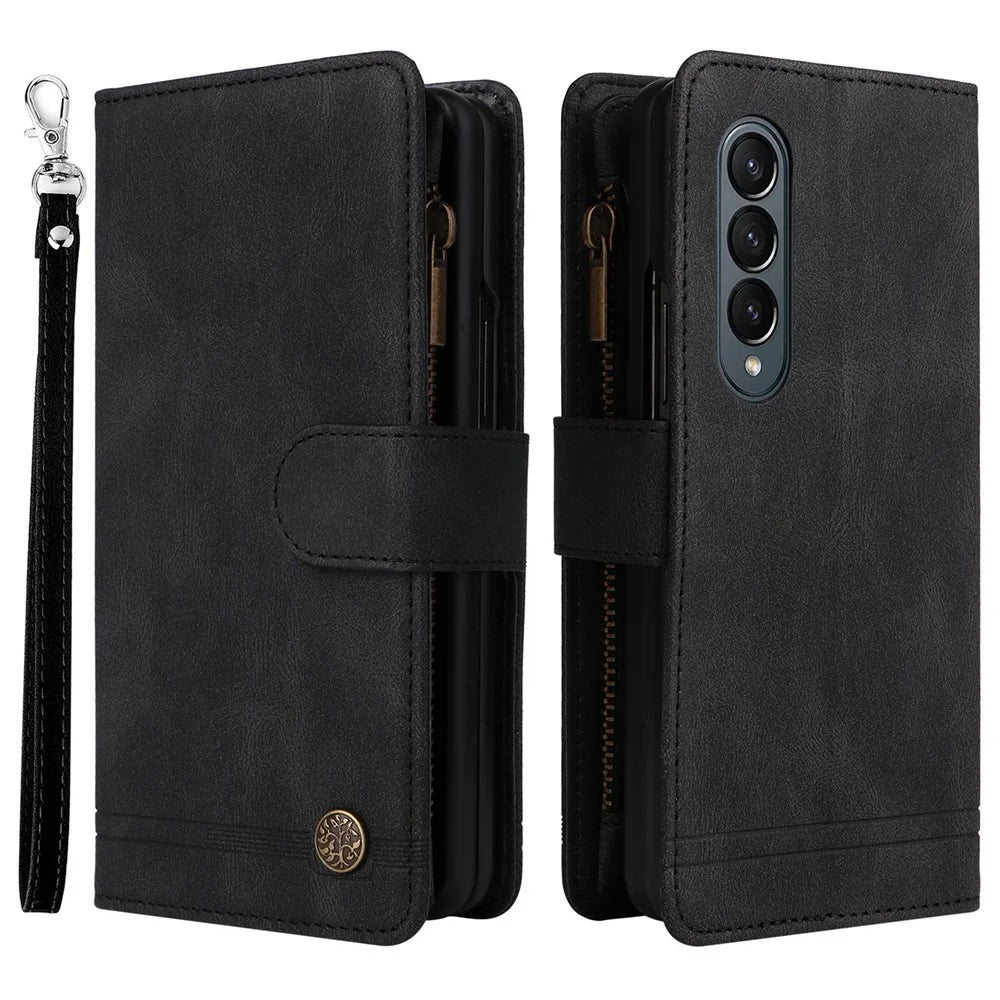 For Samsung Galaxy Z Fold4 5G Shockproof Zipper Pocket Phone Case Imprinted Skin-touch Wallet Stand PU Leather Cell Phone Cover with Multiple Card Slots - Black - 1