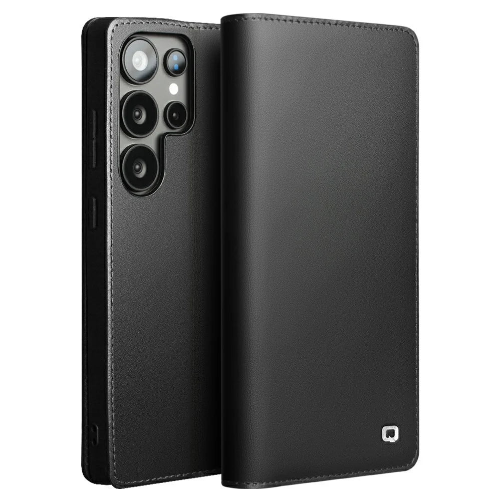 QIALINO For Samsung Galaxy S25 Ultra Case Wallet Flip Stand Phone Cover Genuine Cow Leather - Black - 1