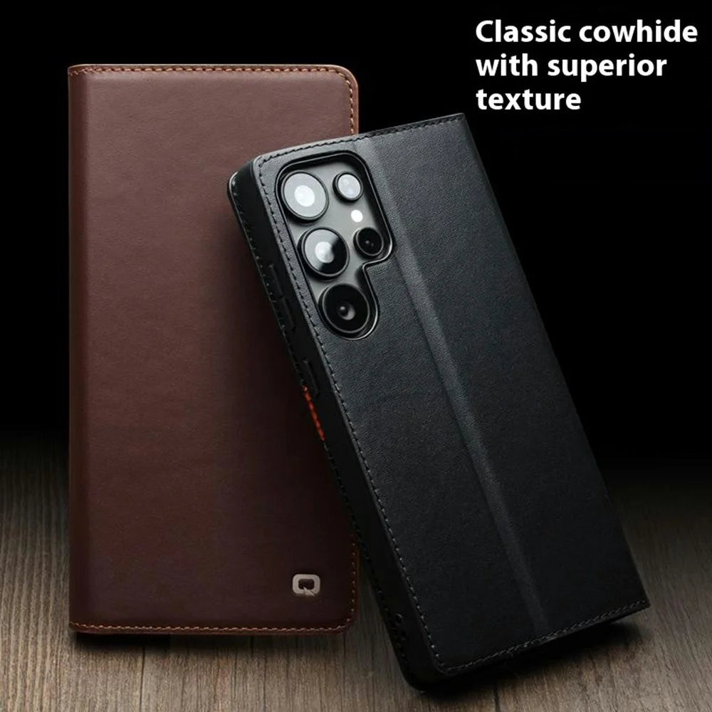 QIALINO For Samsung Galaxy S25 Ultra Case Wallet Flip Stand Phone Cover Genuine Cow Leather - Black - 4