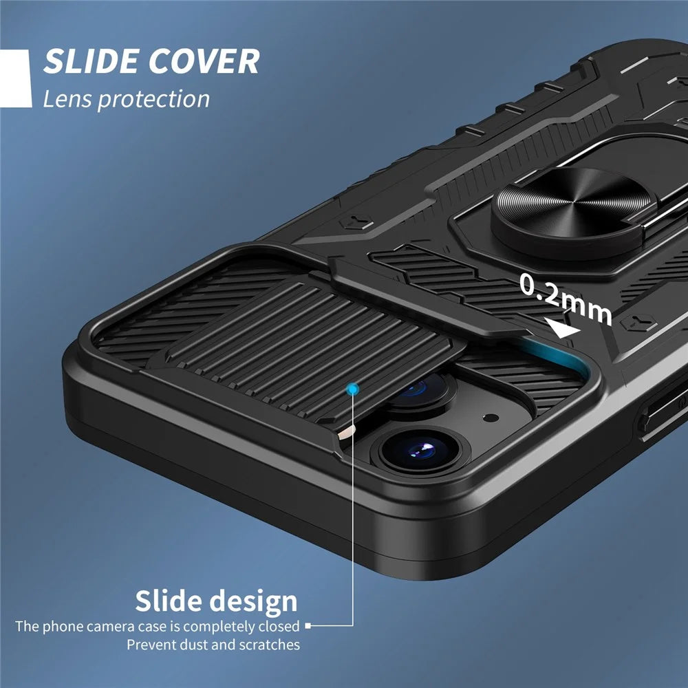 Slide Camera Protection PC + TPU Case for iPhone 14, Kickstand Full Coverage Phone Cover with Tempered Glass Screen Film - Black - 5