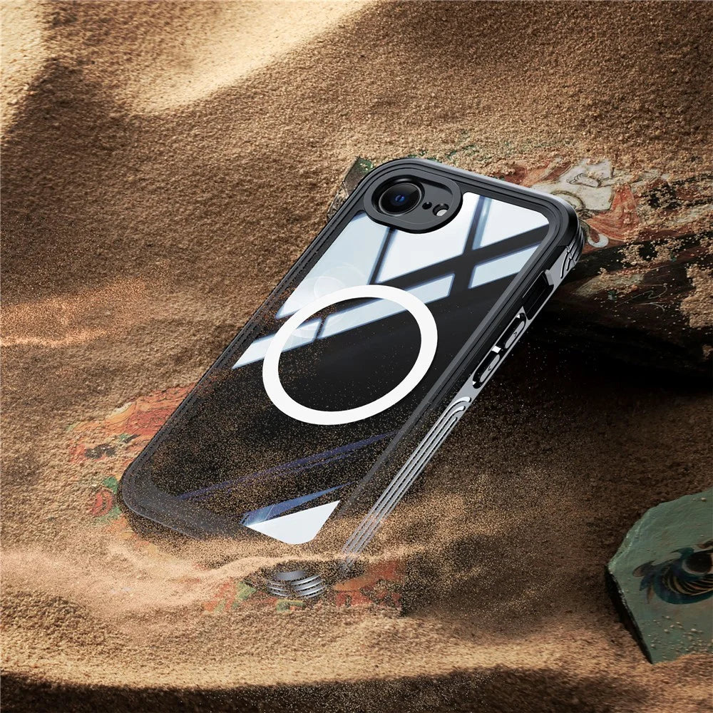 For iPhone 17e / 16e Compatible with MagSafe Case PC+TPU Phone Cover with Tempered Glass Screen Film - Black - 6