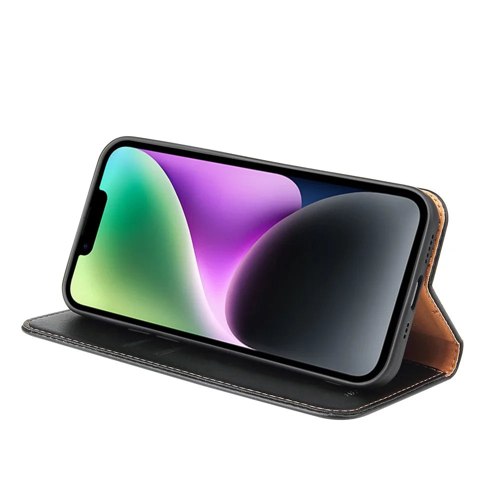 FIERRE SHANN for iPhone 14 Plus Anti-fall Phone Case Stand Auto-absorbed Magnetic Closure PU Leather Protective Phone Wallet Cover - Black - 3