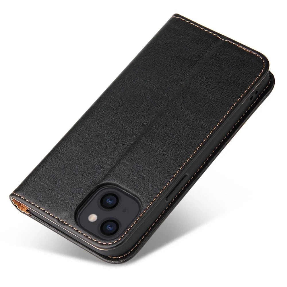 FIERRE SHANN for iPhone 14 Plus Anti-fall Phone Case Stand Auto-absorbed Magnetic Closure PU Leather Protective Phone Wallet Cover - Black - 4