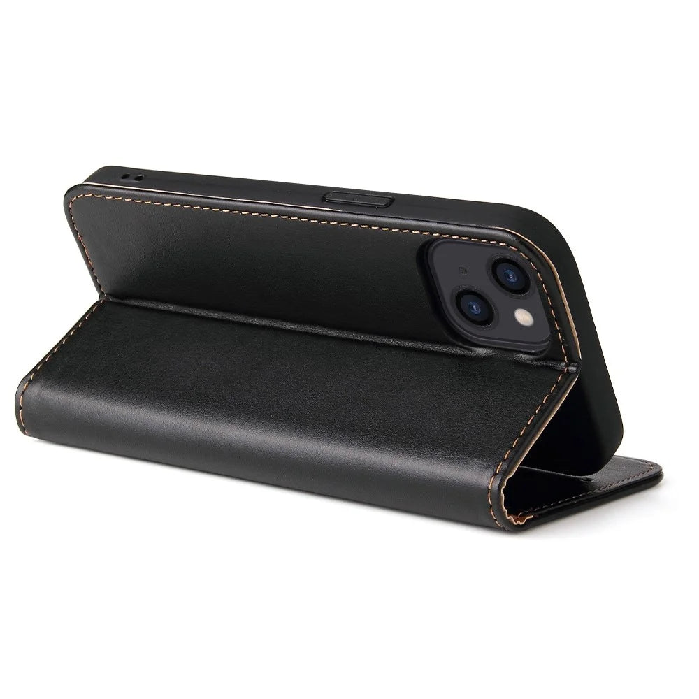 FIERRE SHANN for iPhone 14 Plus Anti-fall Phone Case Stand Auto-absorbed Magnetic Closure PU Leather Protective Phone Wallet Cover - Black - 5