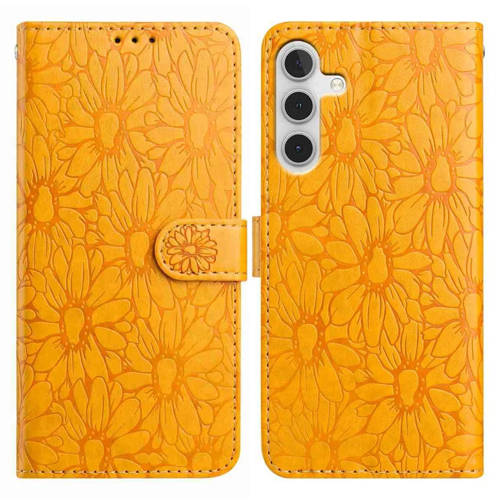 For Samsung Galaxy A16 5G / 4G Leather Case Daisy Imprint Wallet Stand Phone Protective Cover - Yellow - 1