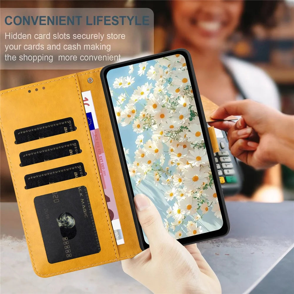 For Samsung Galaxy A16 5G / 4G Leather Case Daisy Imprint Wallet Stand Phone Protective Cover - Yellow - 4