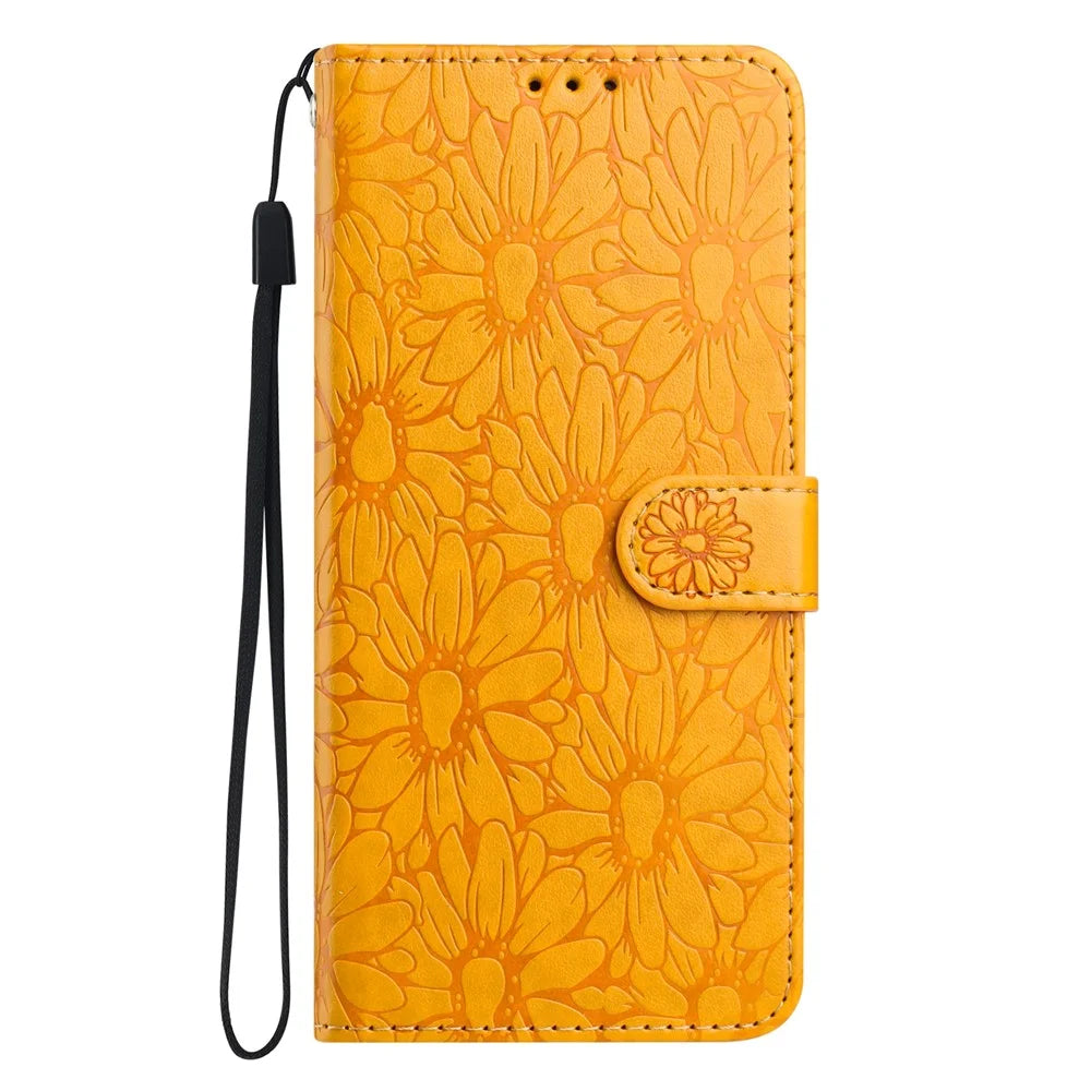 For Samsung Galaxy A16 5G / 4G Leather Case Daisy Imprint Wallet Stand Phone Protective Cover - Yellow - 5