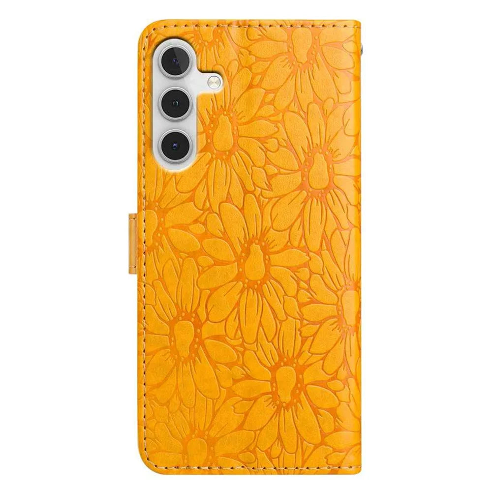 For Samsung Galaxy A16 5G / 4G Leather Case Daisy Imprint Wallet Stand Phone Protective Cover - Yellow - 6
