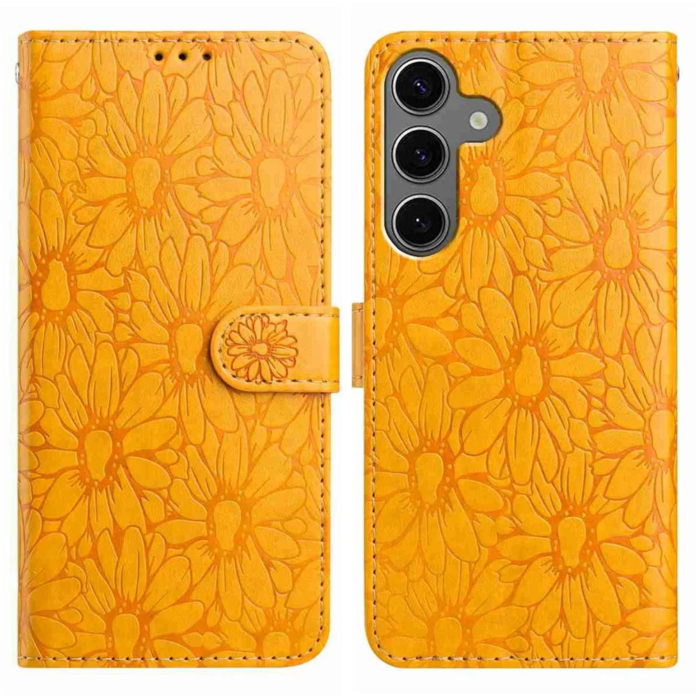 For Samsung Galaxy S25+ / S24+ Leather Case Daisy Imprint Wallet Stand Phone Protective Cover - Yellow - 1