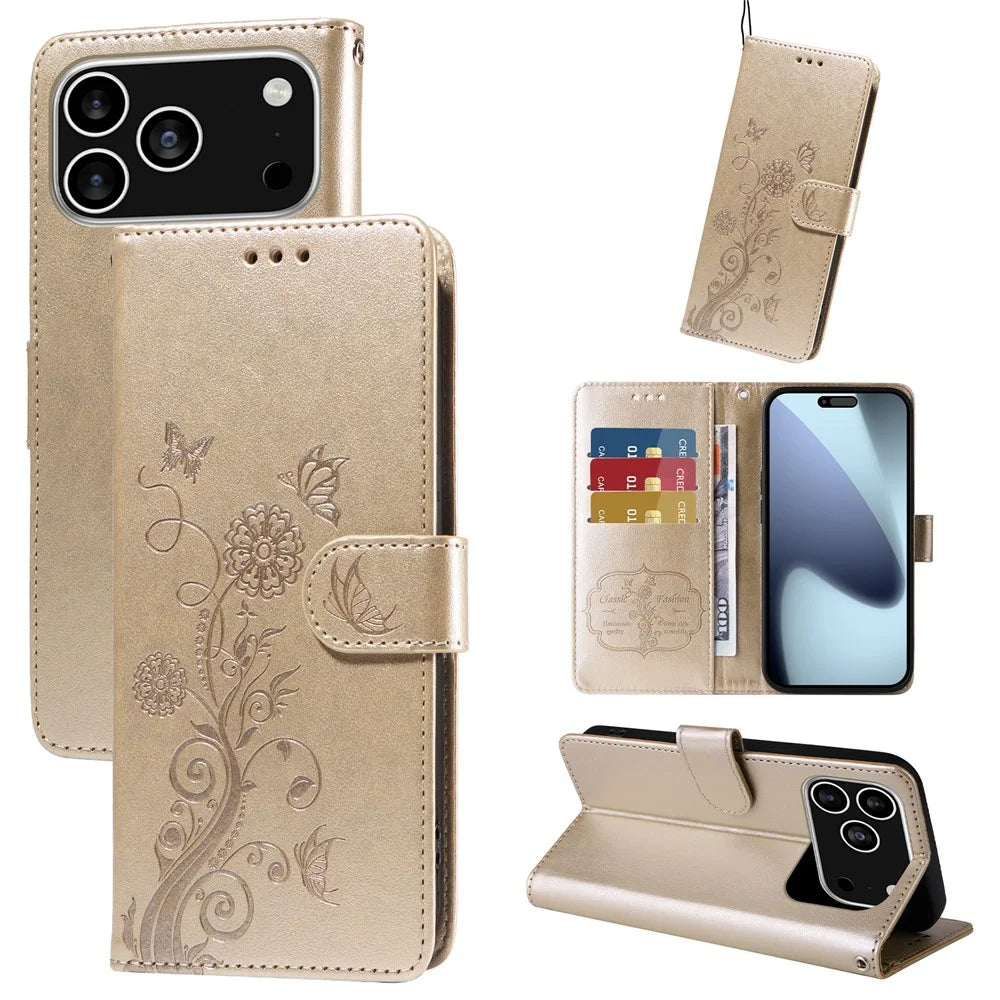 For iPhone 18 Pro / 17 Pro Leather Case Butterfly Floral Imprint Wallet Stand Cover - Golden - 2