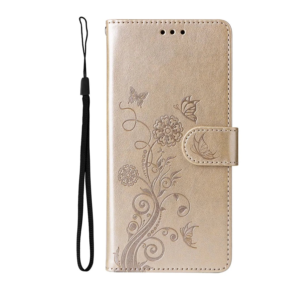 For iPhone 18 Pro / 17 Pro Leather Case Butterfly Floral Imprint Wallet Stand Cover - Golden - 3