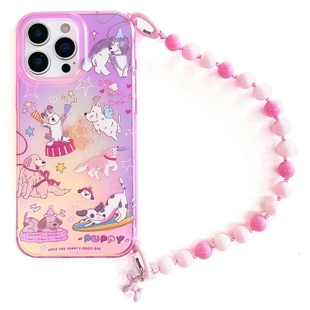 For iPhone 16 Pro Case IMD Cartoon Dogs TPU Phone Cover with Beaded Strap - 1