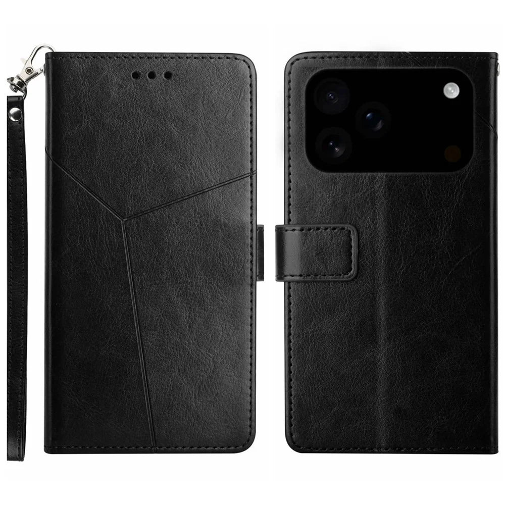 For iPhone 18 Pro Max / 17 Pro Max Case with Wrist Strap Y Shaped Lines Imprint Leather Phone Cover - Black - 1