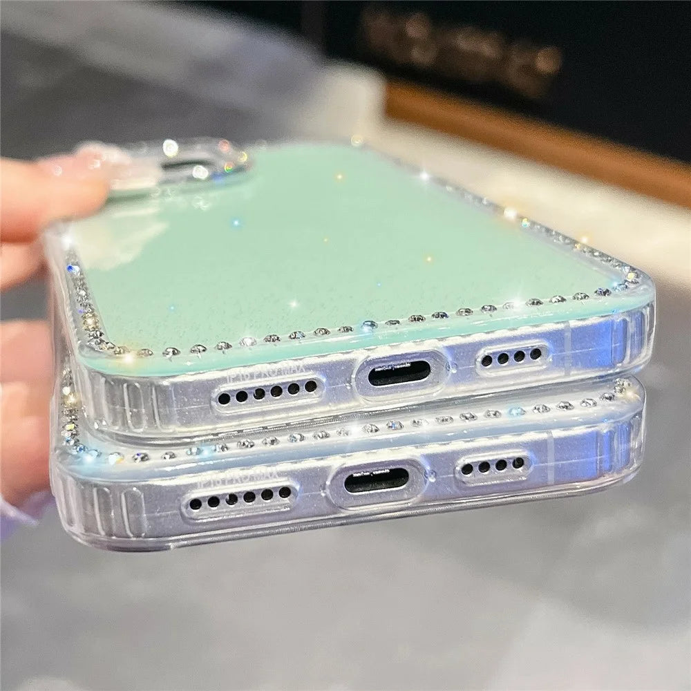 For iPhone 16 Pro Max Case Rhinestone Edge Glitter Back TPU + PC IMD Phone Cover - Glitter Light Green - 5