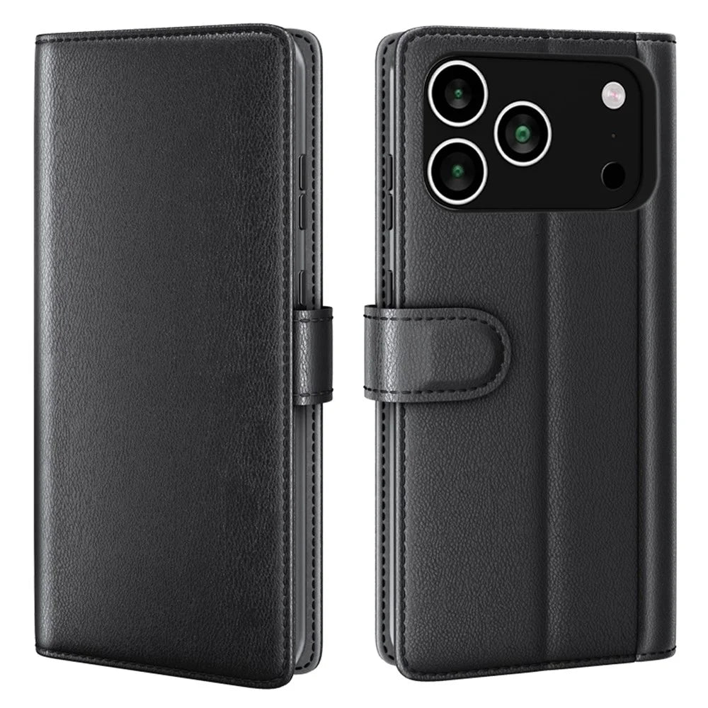 For iPhone 18 Pro Max / 17 Pro Max Case Genuine Split Leather Phone Cover with Wallet Stand - Black - 1