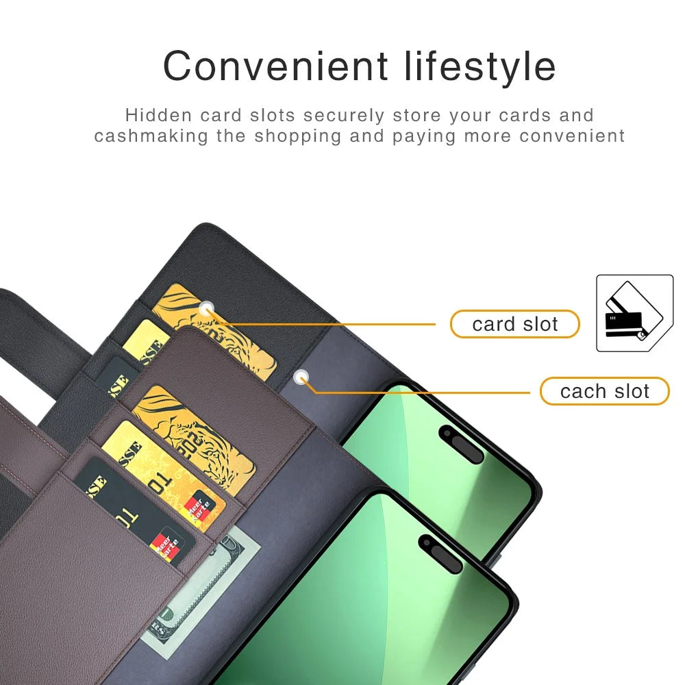 For iPhone 18 Pro Max / 17 Pro Max Case Genuine Split Leather Phone Cover with Wallet Stand - Black - 4