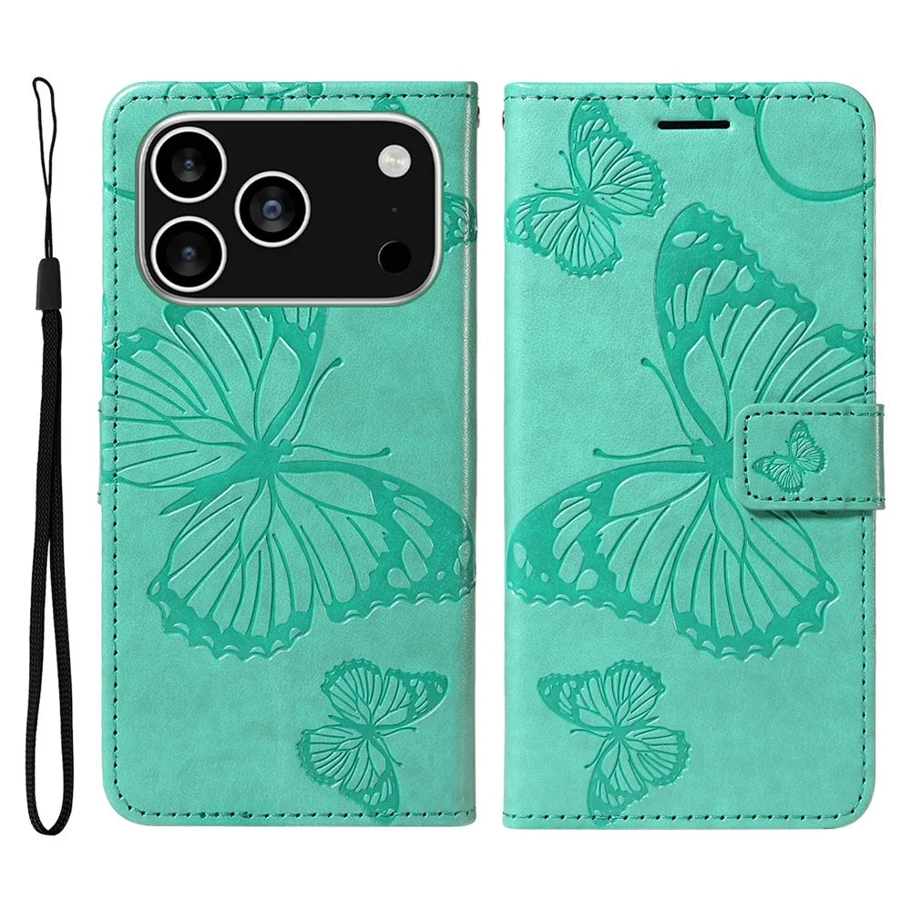 For iPhone 18 Pro / 17 Pro Wallet Case Floral Butterfly Imprinted Leather Phone Cover Stand - Green - 1