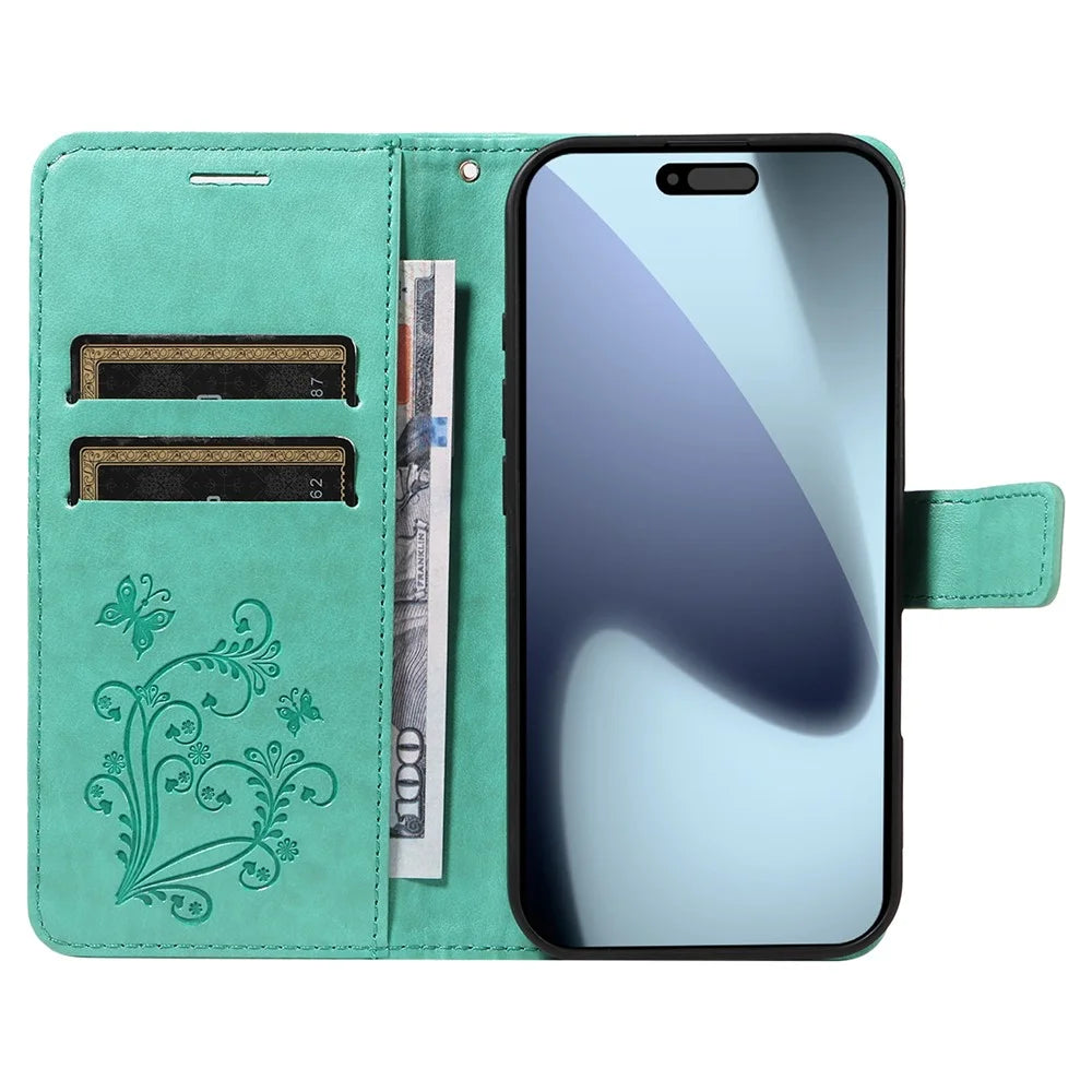 For iPhone 18 Pro / 17 Pro Wallet Case Floral Butterfly Imprinted Leather Phone Cover Stand - Green - 2