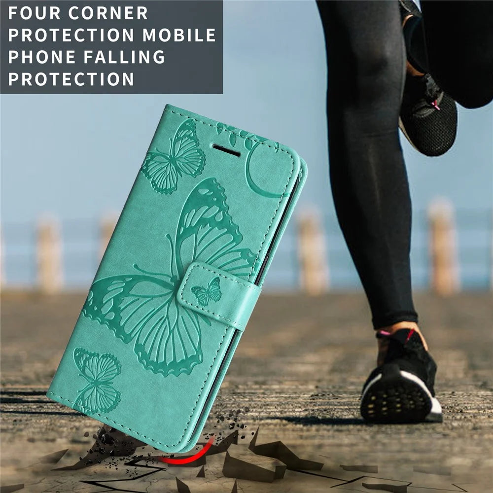 For iPhone 18 Pro / 17 Pro Wallet Case Floral Butterfly Imprinted Leather Phone Cover Stand - Green - 4
