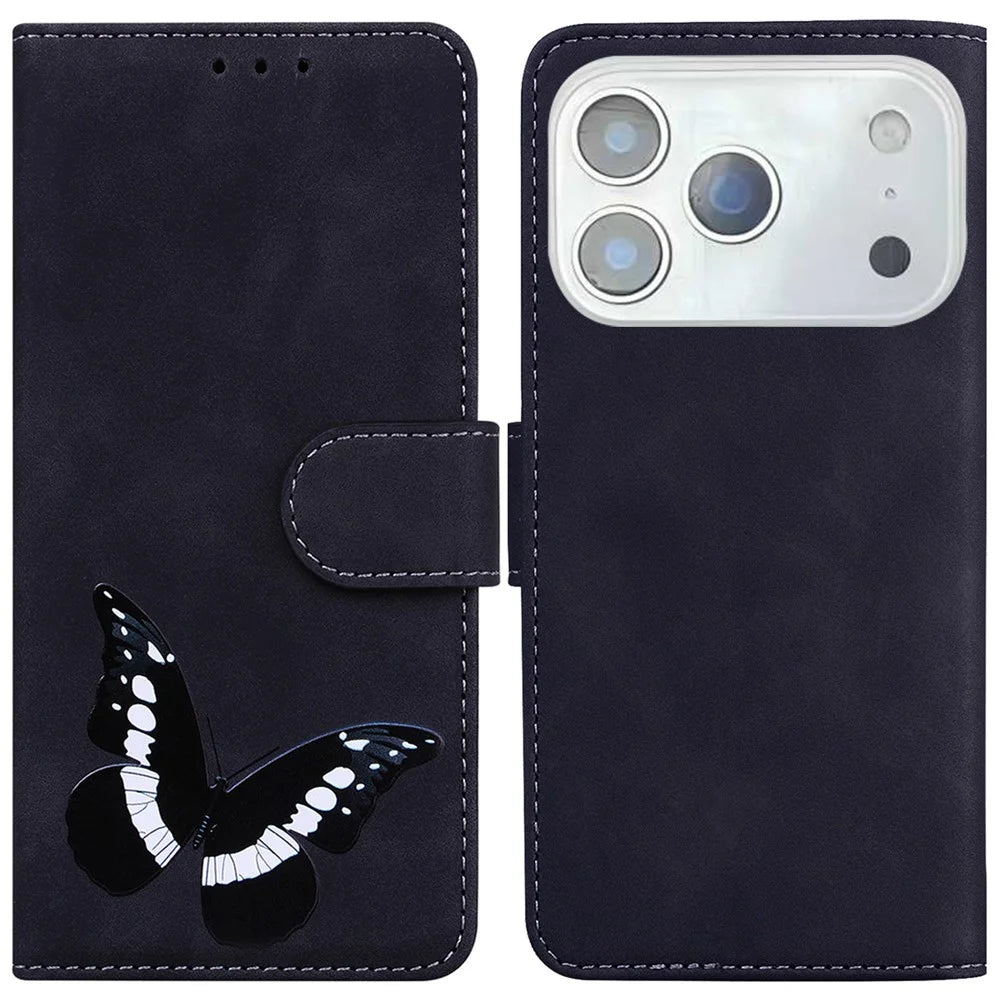 For iPhone 18 Pro / 17 Pro Stand Case PU Leather Phone Cover Butterfly Printed - Black - 1