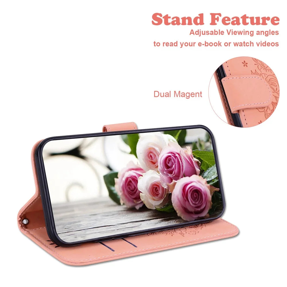 For iPhone 18 Pro Max / 17 Pro Max Case Butterfly Flower Imprint PU Leather Wallet Phone Cover with Strap - Pink - 3