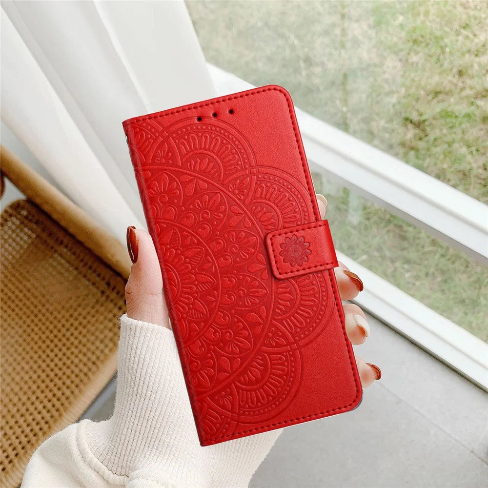For iPhone 18 Pro / 17 Pro Leather Case with Card Slots Mandala Pattern Phone Cover Stand - Red - 5