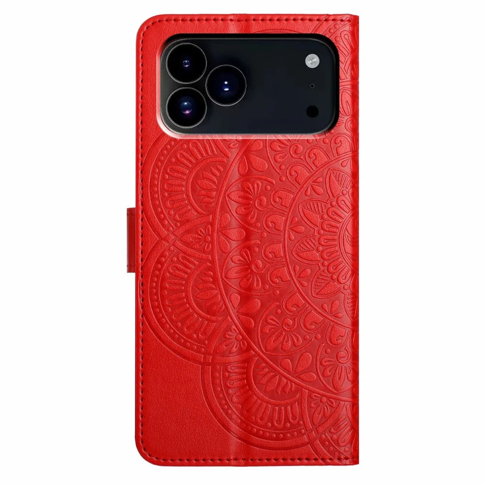For iPhone 18 Pro Max / 17 Pro Max Leather Case with Card Slots Mandala Pattern Phone Cover Stand - Red - 7