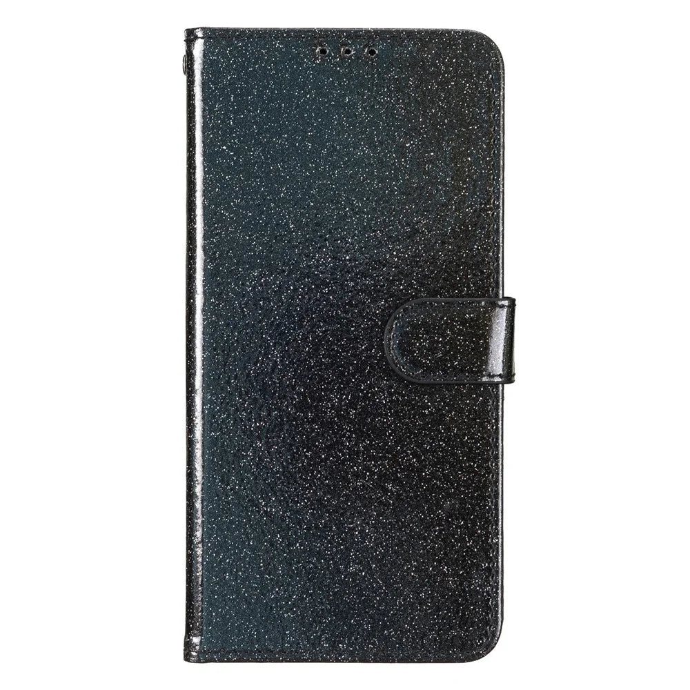 For iPhone 18 Pro Max / 17 Pro Max Wallet Case Glitter Anti-Scratch Leather Stand Phone Cover with Strap - Black - 5