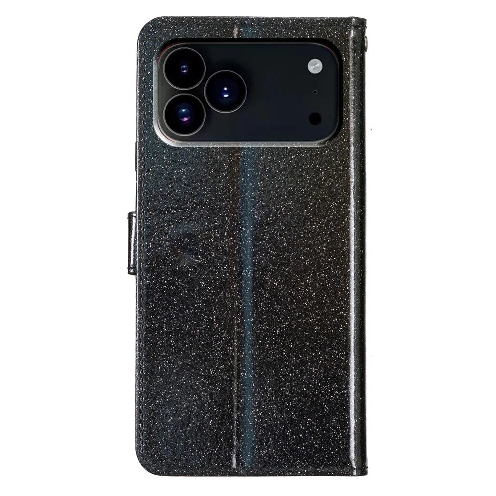 For iPhone 18 Pro Max / 17 Pro Max Wallet Case Glitter Anti-Scratch Leather Stand Phone Cover with Strap - Black - 6