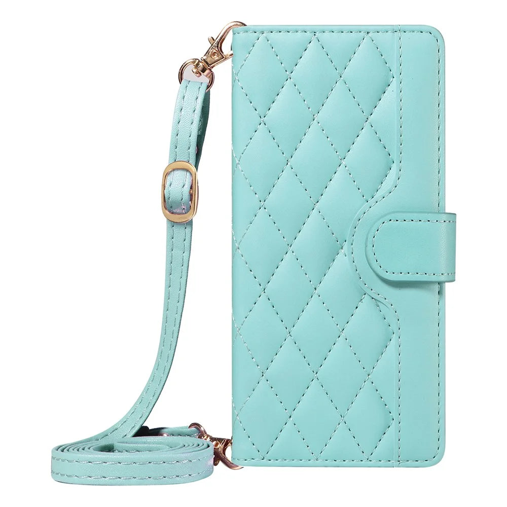 For iPhone 18 Pro / 17 Pro Wallet Case Rhombus Leather Phone Cover with Strap - Green - 7