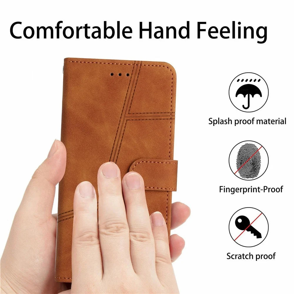 For iPhone 18 Pro / 17 Pro Case Flip Leather Retro Phone Cover Lines Imprinted - Brown - 4