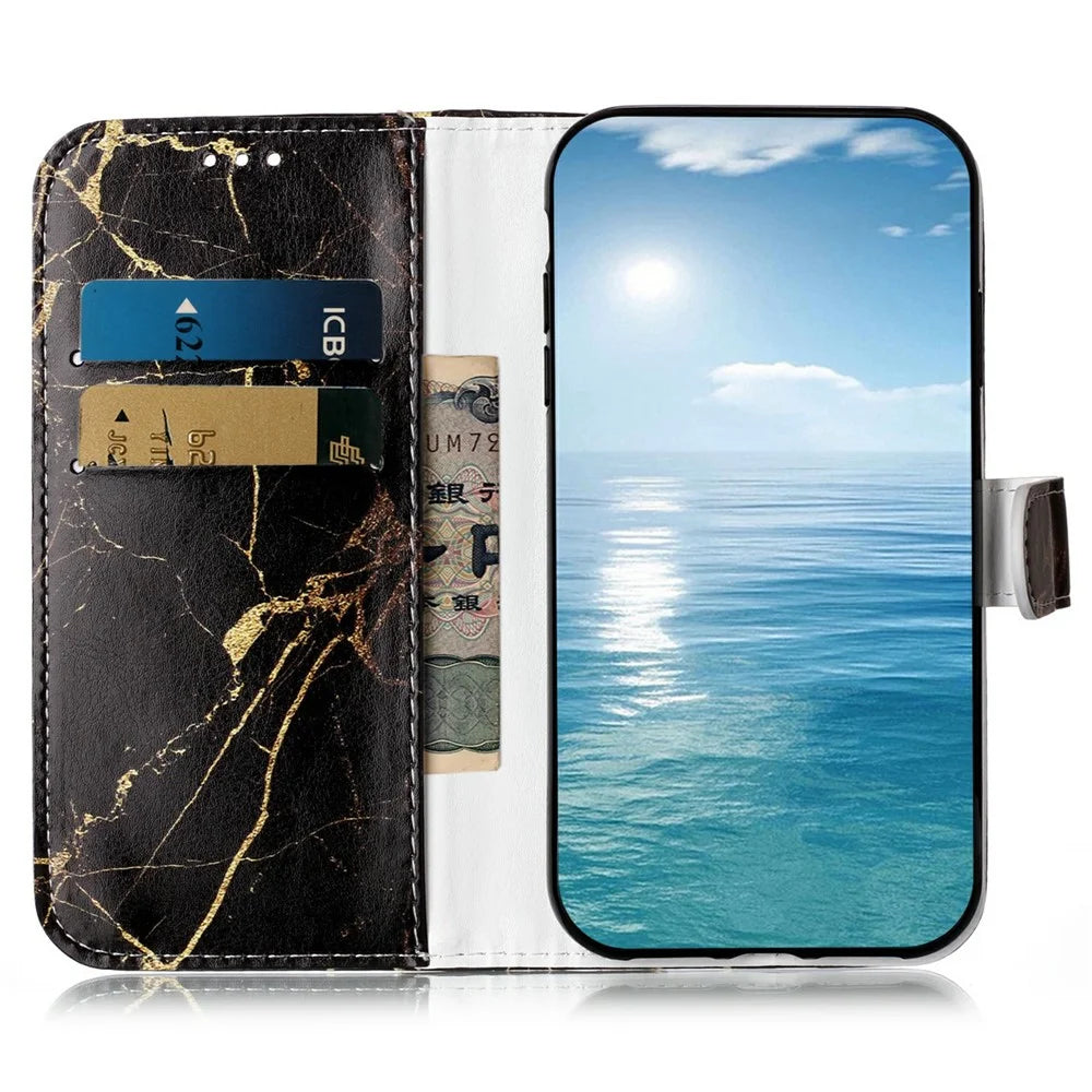 For iPhone 18 Pro Max / 17 Pro Max Stand Case Marble Painted Folio Flip Leather Wallet Phone Cover - Black Gold Marble - 2