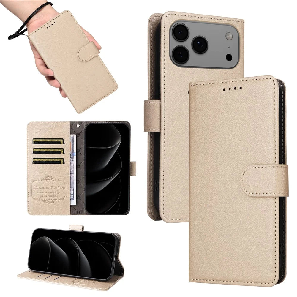 For iPhone 18 Pro Max / 17 Pro Max Case RFID Blocking 3 Card Slots PU Leather Phone Cover with Wrist Strap - Creamy White - 5