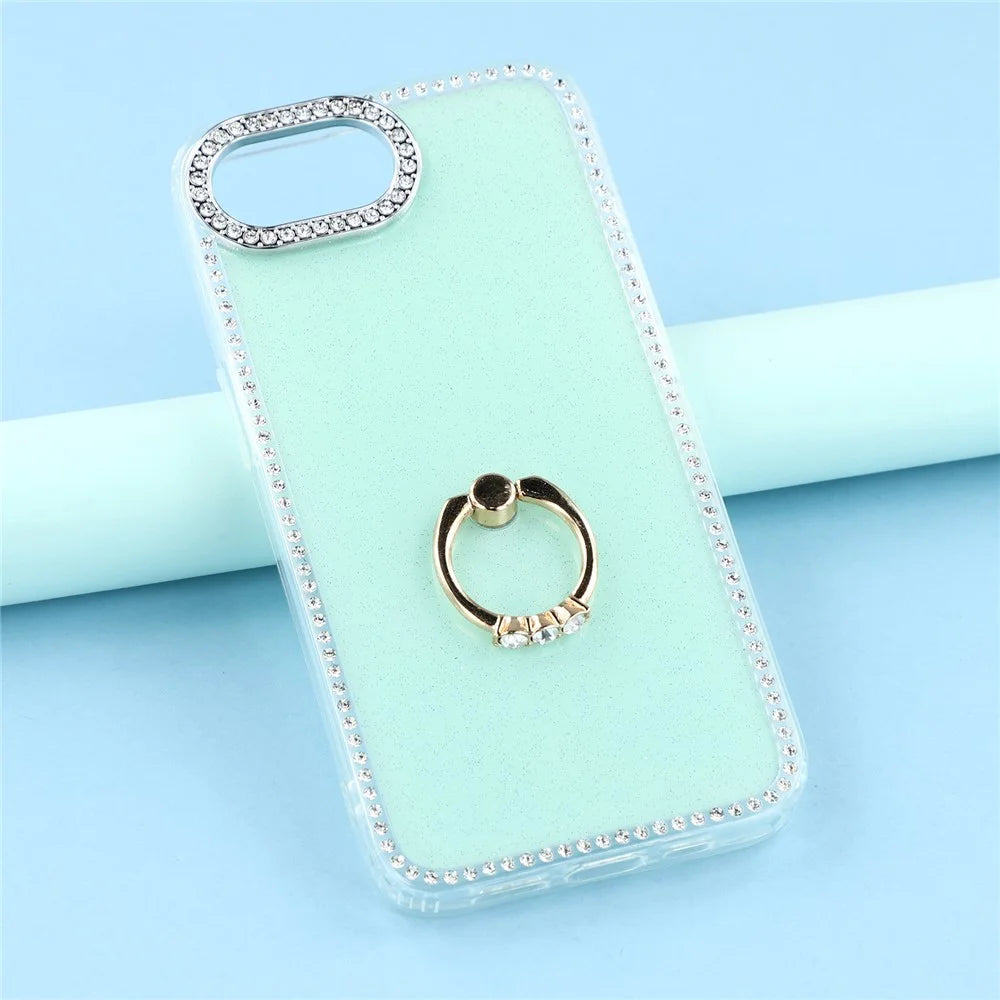 For iPhone 17e / 16e Case with Ring Kickstand Rhinestone Edge TPU + PC IMD Phone Cover - Glitter Light Green - 6