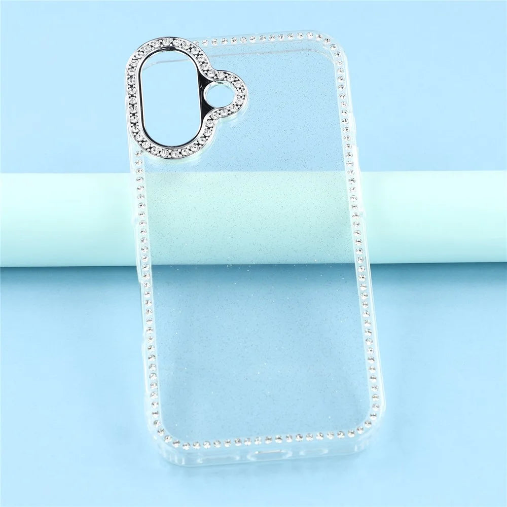 For iPhone 16 Case Rhinestone Edge Glitter Back TPU + PC IMD Phone Cover - Glitter Transparent - 6